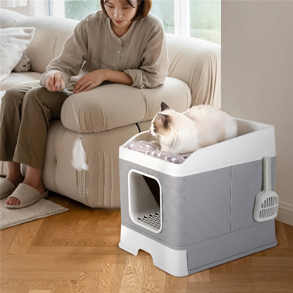 Foldable Cat Litter Box – Large Enclosed Cat Toilet with Scoop | Leak-Proof, Easy-Clean & Odor-Control Design