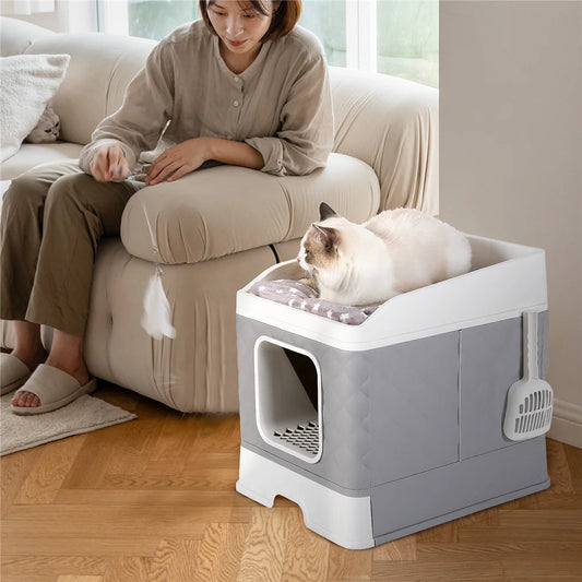 Foldable Cat Litter Box – Large Enclosed Cat Toilet with Scoop | Leak-Proof, Easy-Clean & Odor-Control Design
